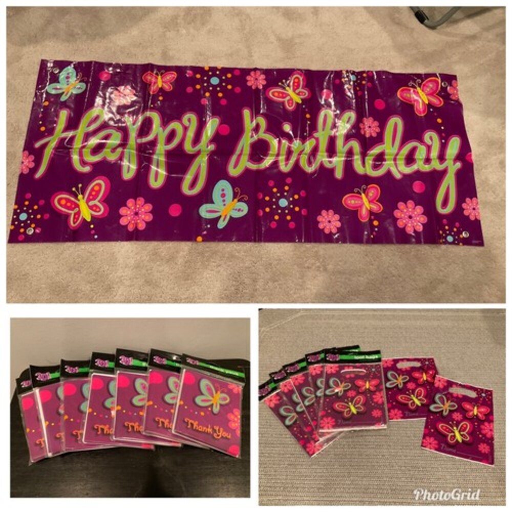 Butterfly Birthday Banner - 42 Loot Bags - 56 Thank You Cards